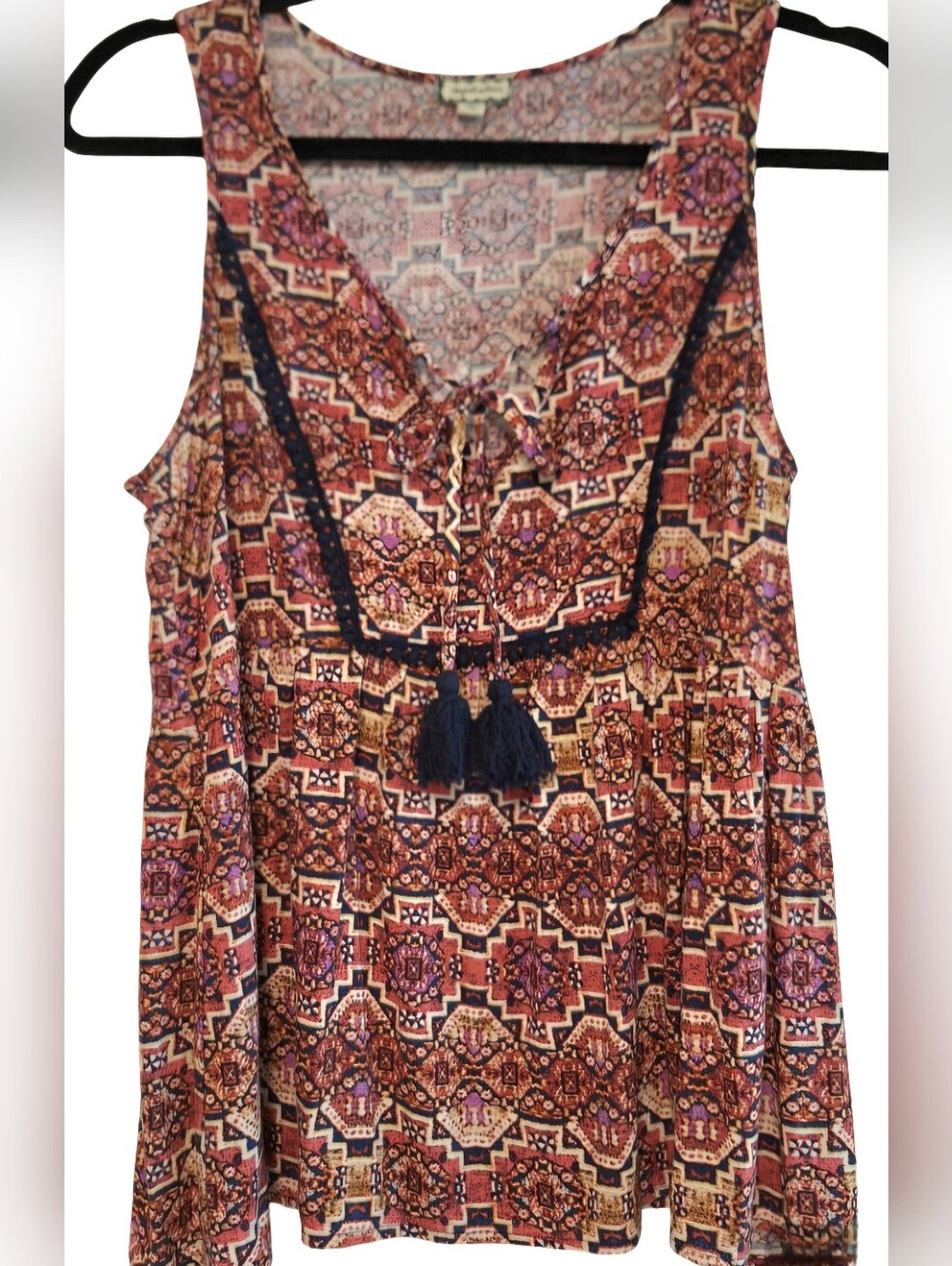 Sleeveless Boho Print Brick, Black & Purple Acsents Rayon - Size Medium EUC